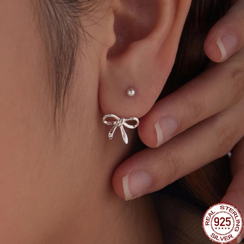 WOSTU 925 Sterling Silver Ball Bowknot Front Back Earrings For Women, Heart Earring jackets Birthday Anniversary Jewelry Gift