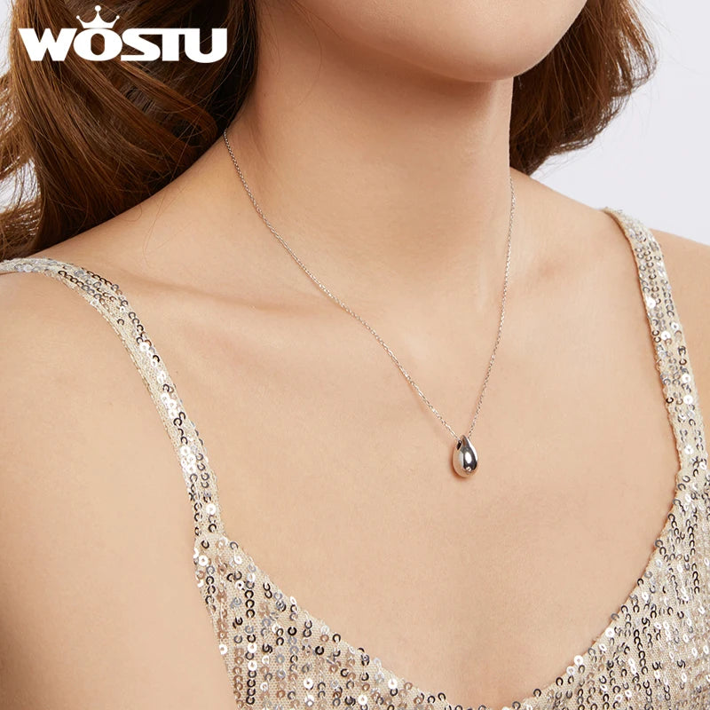 WOSTU Water Drop Pendant Neckalce 925 Sterling Silver Metal Glossy Waterproof Choker Necklace Wedding Engagement Jewelry Gift