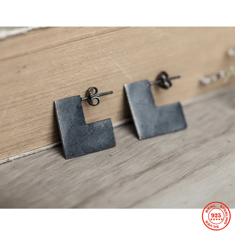 MKENDN Minimalist Design Vintage 100% 925 Sterling SIlver Geometric Square Stud Earring Men Women Gothic Circle Dark Jewelry