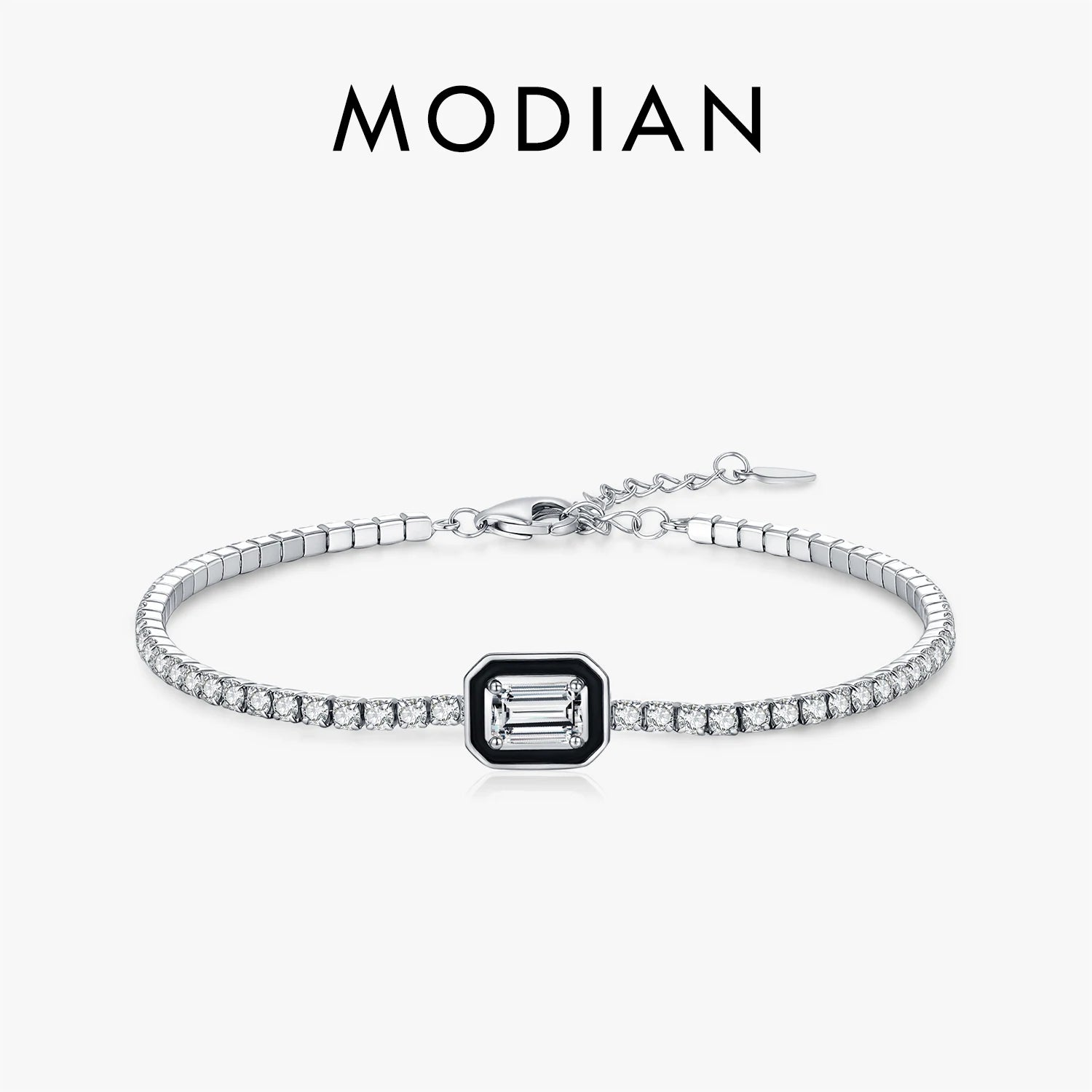 MODIAN 925 Sterling Silver Fashion Black Enamel Rectangle Clear Cubic Zirconia Tennis Bracelets For Women Fine Jewelry Gifts