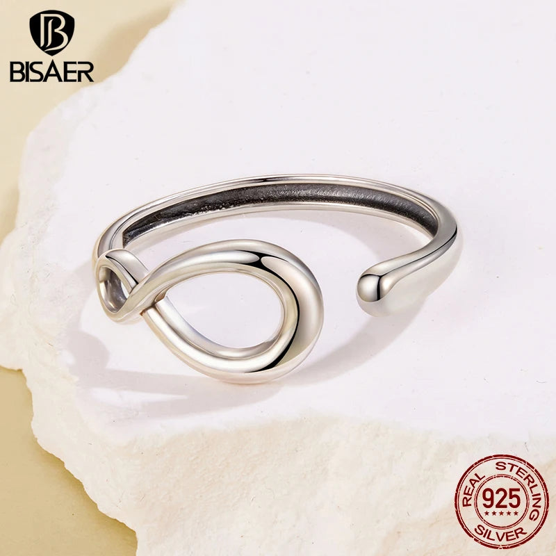 BISAER 925 Sterling Silver Infinite Sleek Open Ring Minimalist Metal Adjustable Band Plated White Gold for Women Fine Jewelry