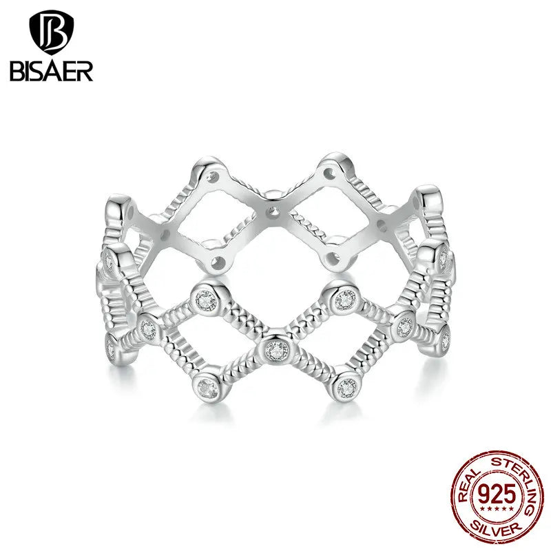Bague de déclaration de rythme BISAER en argent sterling 925 avec bande de zircone scintillante plaquée or blanc pour femme, bijoux fins de fête de mariage