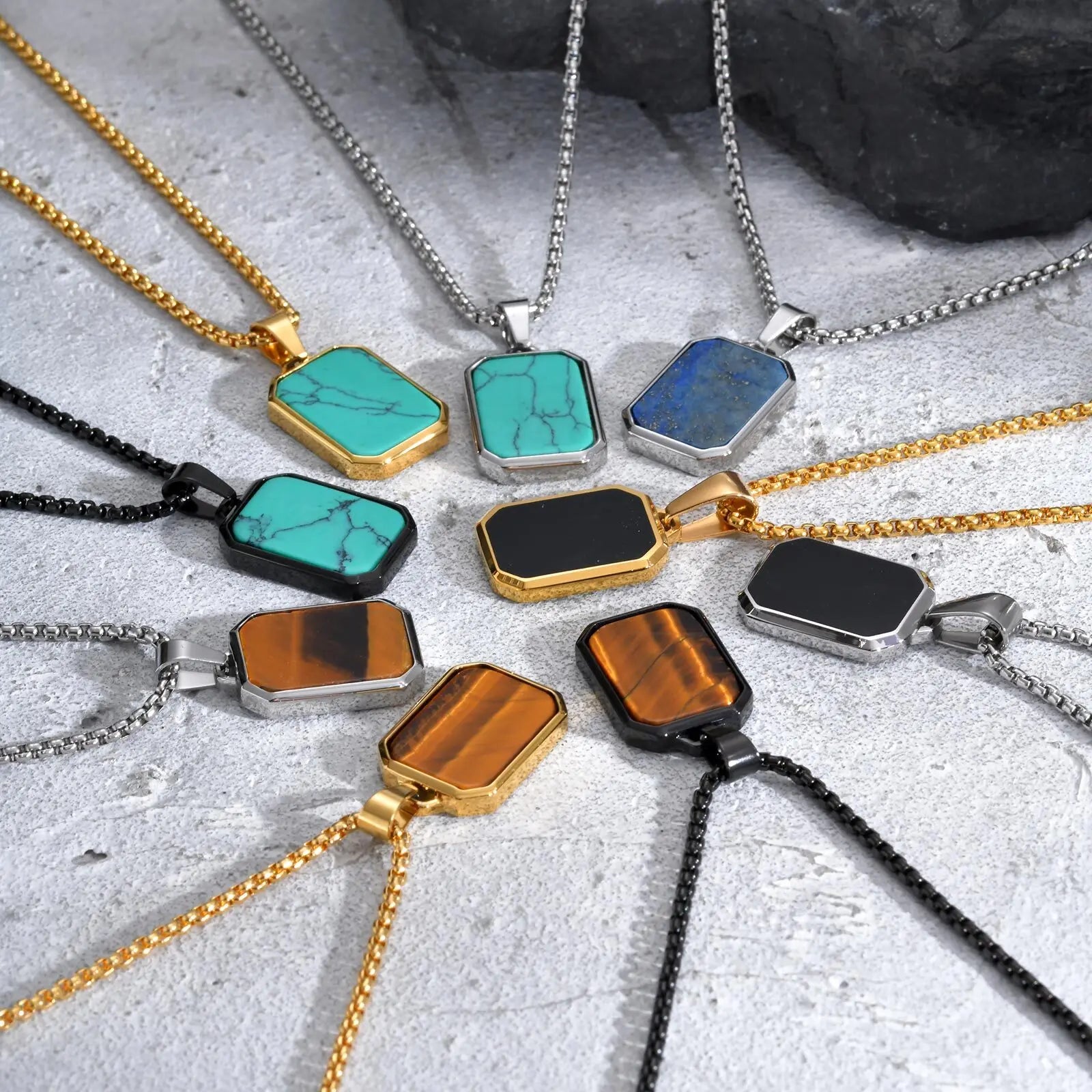 Vnox Mens Geometric Pendant with Natural Stone Necklaces, Vintage Square Tiger Eye Collar, Casual Simple Fashion Male Accessory