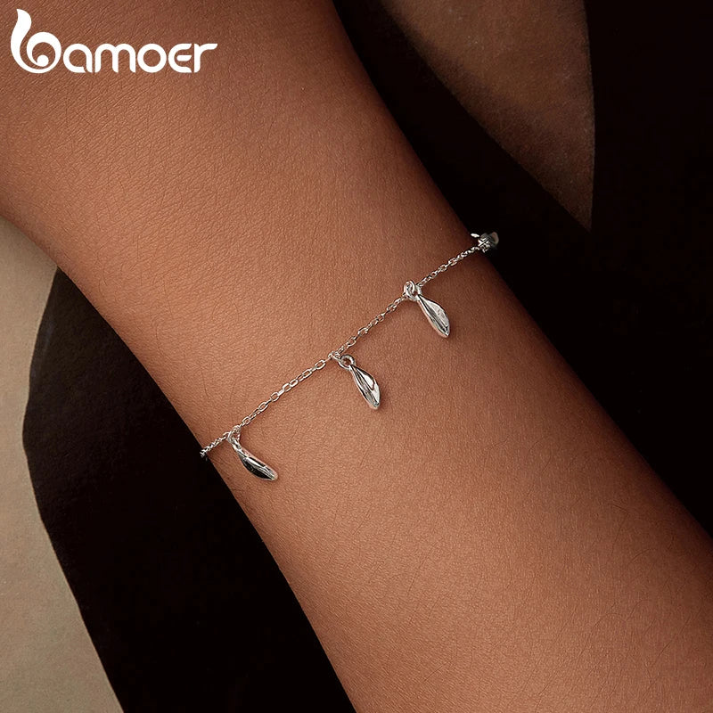 BAMOER 925 Sterling Silver Dainty Leaf Tassels Bracelets for Women, White Gold Plated Minimalist Handmade Jewelry Gift BSB195