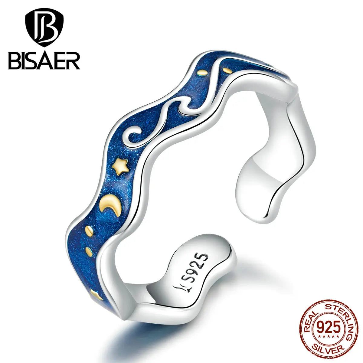 Bague BISAER en argent sterling 925 avec ciel étoilé bleu de Van Gogh pour couple amoureux, design de bande ouverte, accessoires de bijoux ECR608
