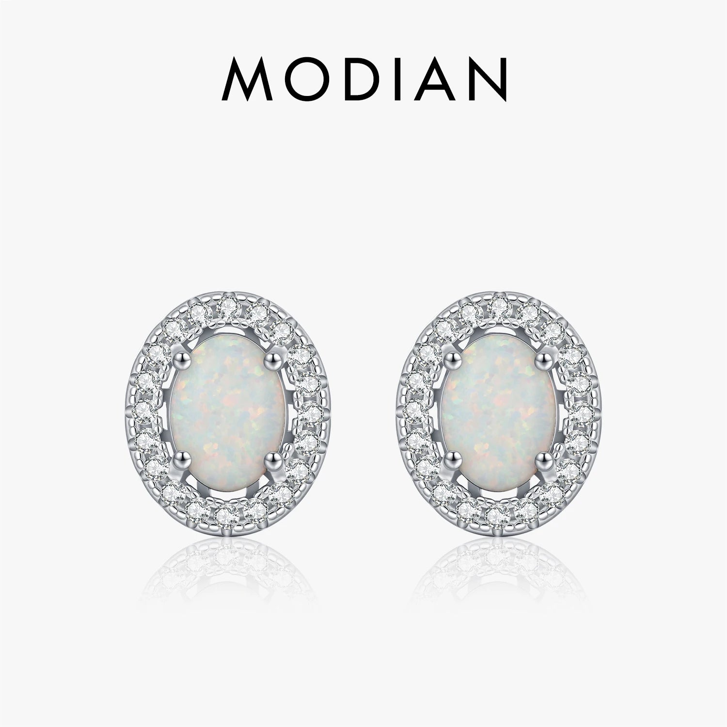 MODIAN 925 Sterling Silver Daily OL Ear Studs Elegant Oval Simulated Halo Opal Stud Earrings For Women Fine Jewelry