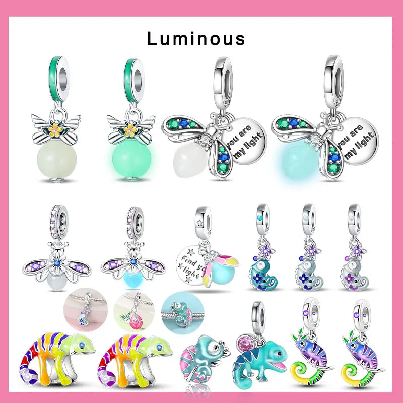 925 Sterling Silver Chameleon Luminous Firefly Butterfly Charms Beads Fit 925 Original Bracelets Fine DIY Jewelry Making