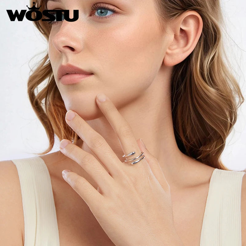 WOSTU 925 Sterling Silver Multi-layer Metal Water Drop Open Ring For Women Euro Simple Ins Jewelry Stackable Party Rings Gift