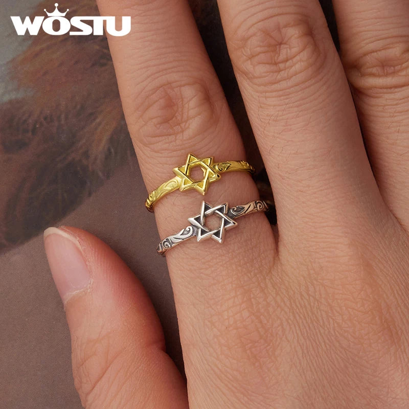 WOSTU Real 925 Sterling Silver Vintage Hexagram Rings Star Stud Earrings For Women Hollow Out Earring Adjustable Guardian Rings