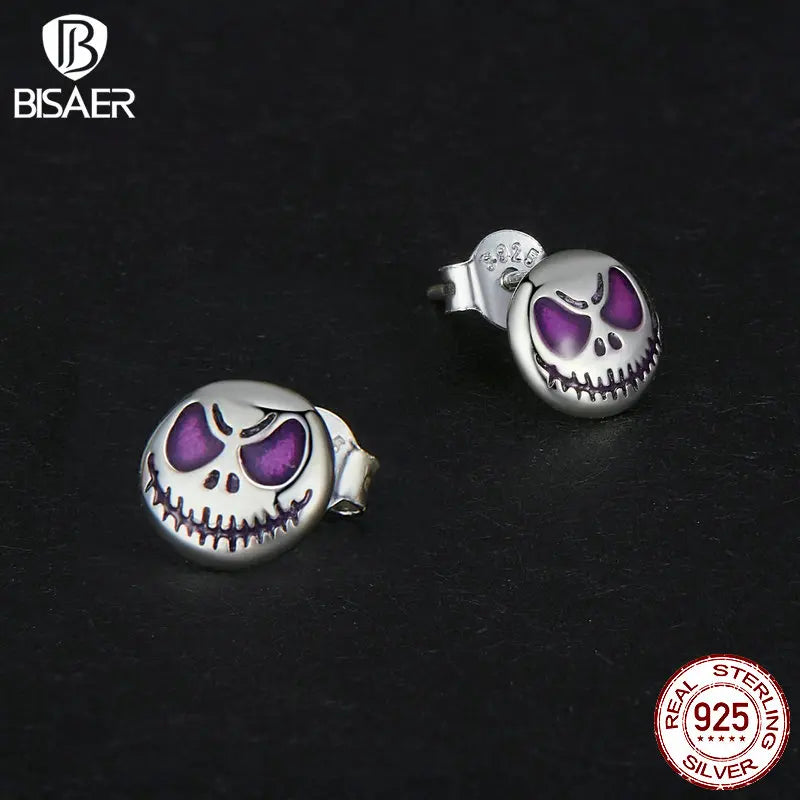 Bisaer 925 Sterling Silber Leuchtende Ohrstecker Halloween Skelett Ohrringe für Frauen Mädchen Party Original Feine Schmuck Geschenk