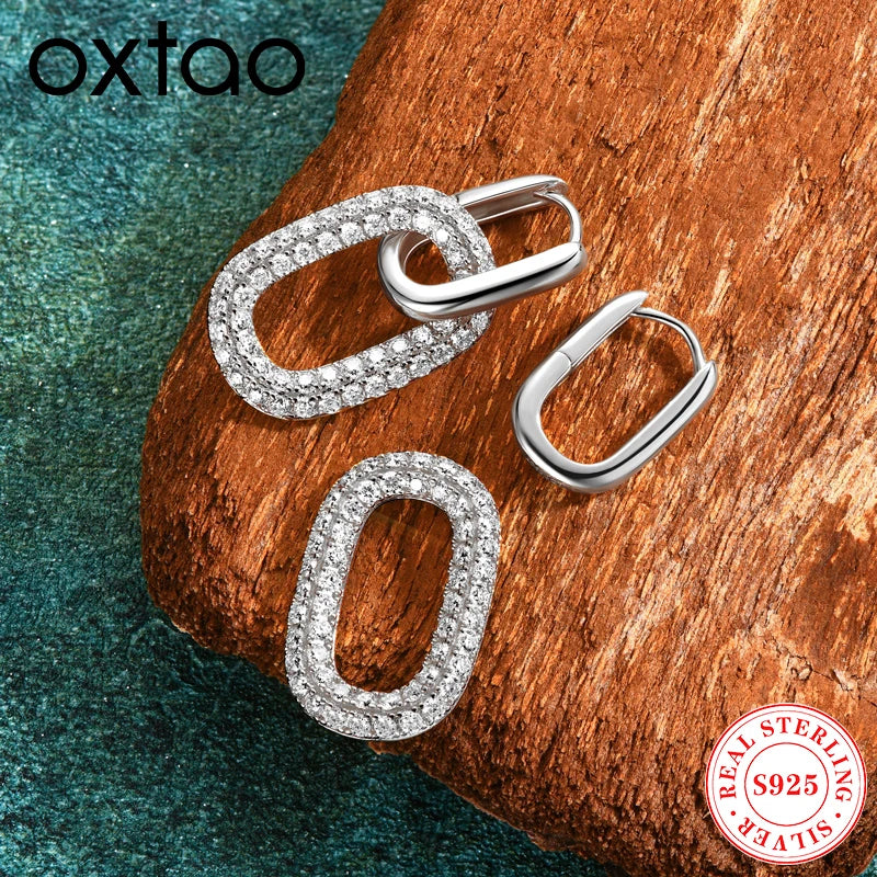 OXTAO Hoop Earrings 100% 925 Silver D Color Full Moissanite Paperclip Link Dangle Earrings for Women Fine Wedding Jewelry Gift