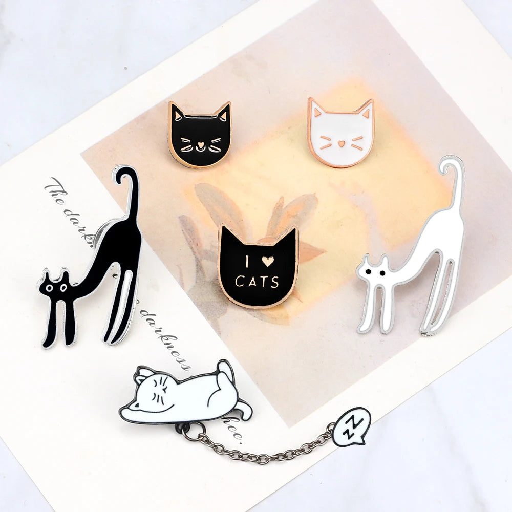 Cat Lover Collection Brooches Cute White Black Cat Badges Pins Sleepy Hug Kitty Enamel Pins Coat Hat Animal Decoration Jewelry