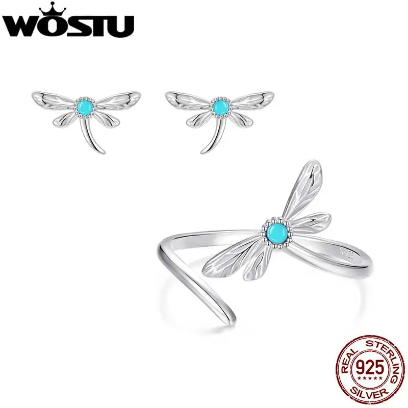 WOSTU 925 Sterling Silver Green Turquoise Dragonfly Stud Earrings Open Ring For Women Party Jewelry set Holiday Jewelry Gift