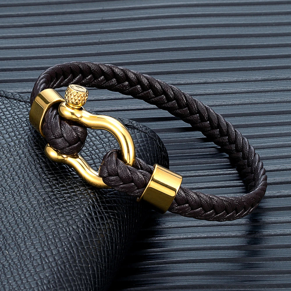 MKENDN Gold Color Stainless Steel Shackle Bracelet Simple Lucky Red Braided Leather Bracelets for Men Women Handmade Jewelry
