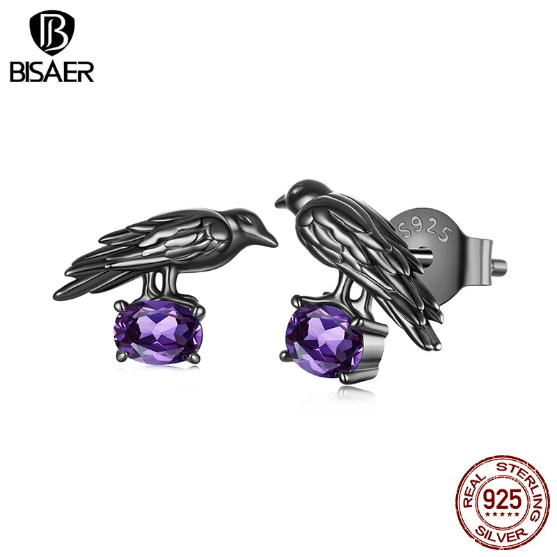 BISAER Crow Stud Earrings 925 Sterling Silver Purple CZ Hypoallergenic Plated Black Gold Stud Ear for Women Party Fine Jewelry