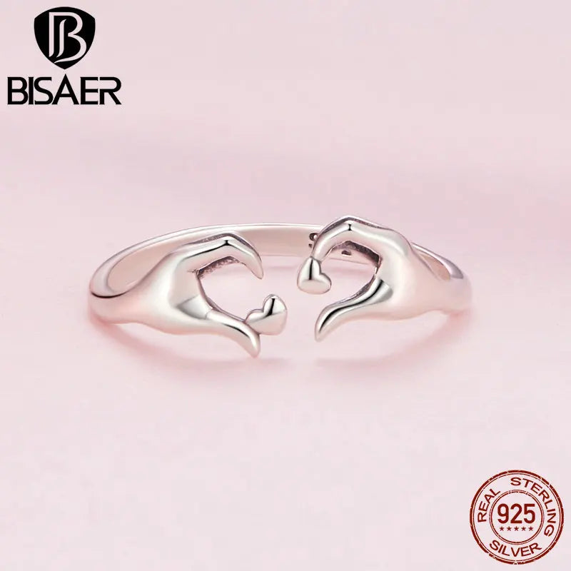 BISAER 925 Sterling Silber Hand Herz Ringe Für Romantische Frauen Liebe Paar Hochzeit Versprechen Ringe Valentinstag Edlen Schmuck