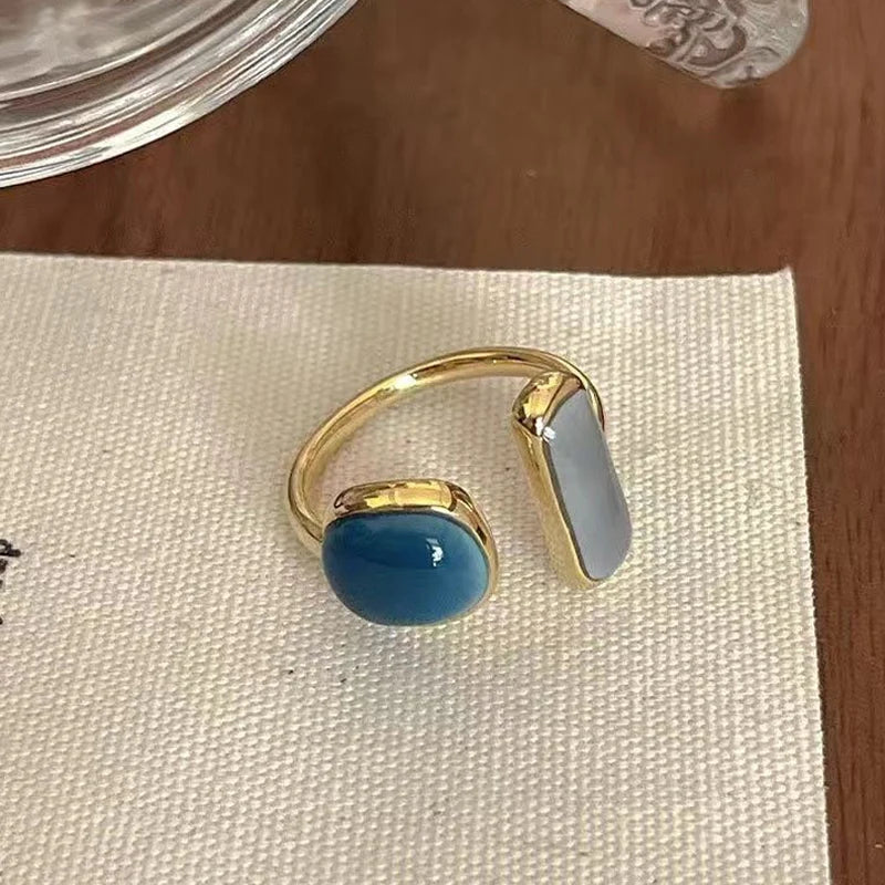 Korean High Sense Enamel Open Rings for Women Blue Green Oil Dripping Adjustable Finger Ring Geometric Exquisite Jewelry Gifts