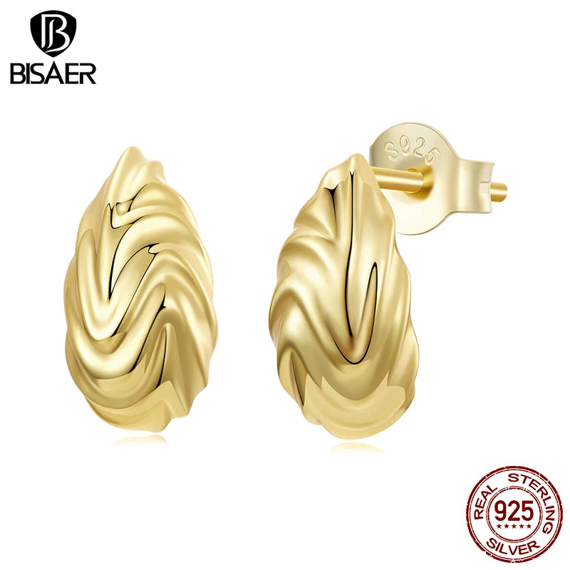 Boucles d'oreilles à tige texturées en argent sterling 925 BISAER Boucles d'oreilles hypoallergéniques en métal plaqué or 18 carats pour femmes Bijoux fins de fête