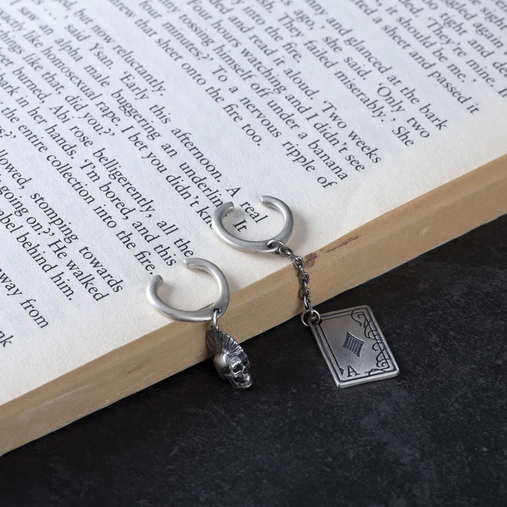 MKENDN 925 Sterling Silver Creative Retro Skull Playing Card A Pendant Drop Earring Trendy Street Punk Style for Men Women Ear