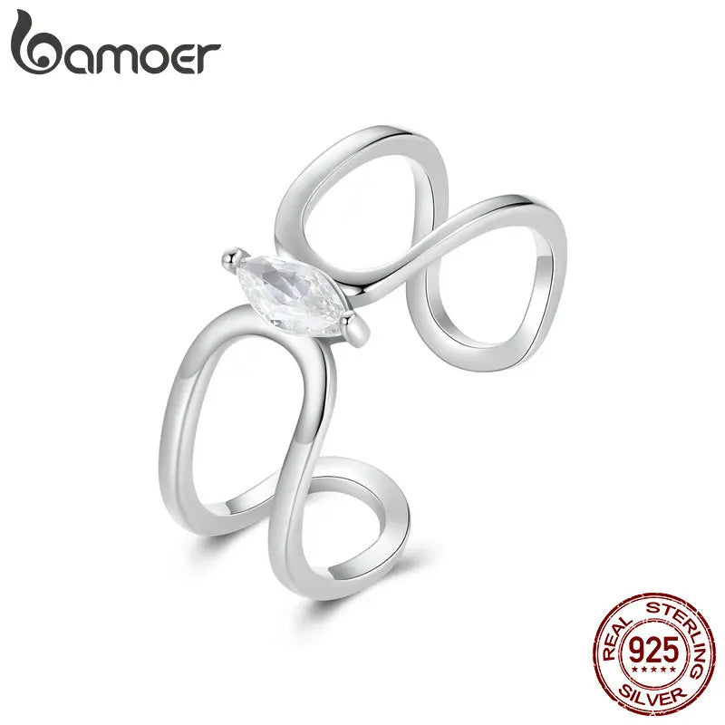 BAMOER Solid 925 Sterling Silver Double-layer Ring, Adjustable Stackable Olive CZ Rings for Women Wife Anniversary Band SCR1065