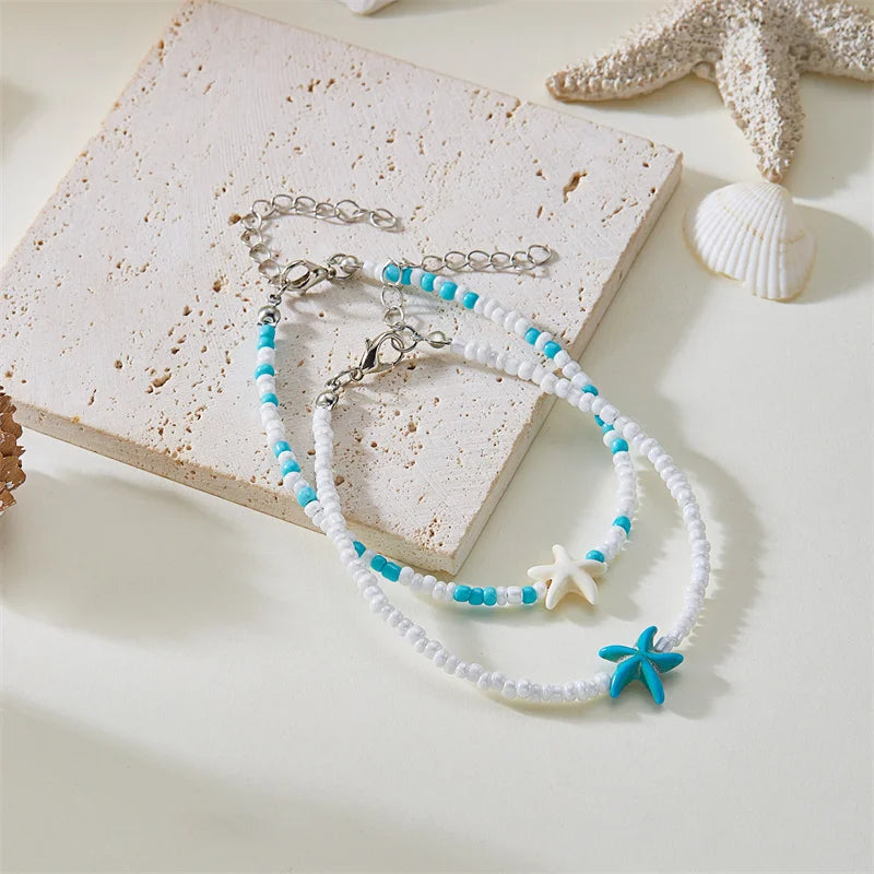 Bohemian Mixed Color Rice Beads Starfish Turtle Pendant Anklet For Women Bracelet On The Leg Beach Barefoot Sandal Leg Jewelry