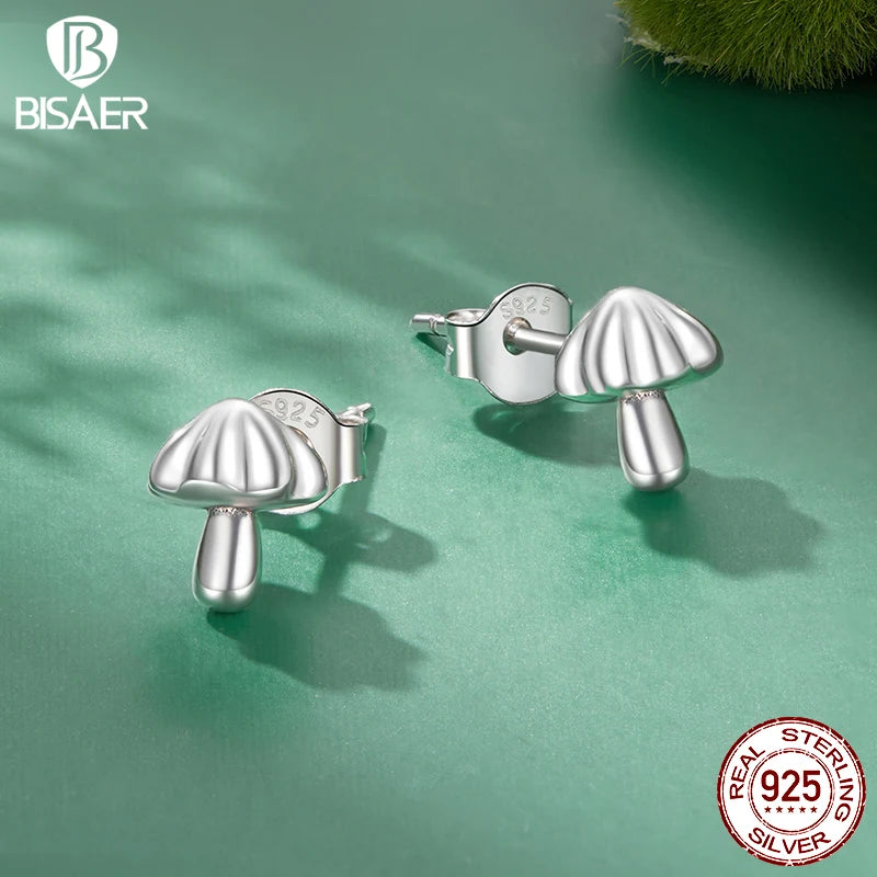 BISAER Boucles d'oreilles à tige en forme de champignon en argent sterling 100 % 925 oxydé pour femme, bijoux fins de fête, cadeau ECE1818