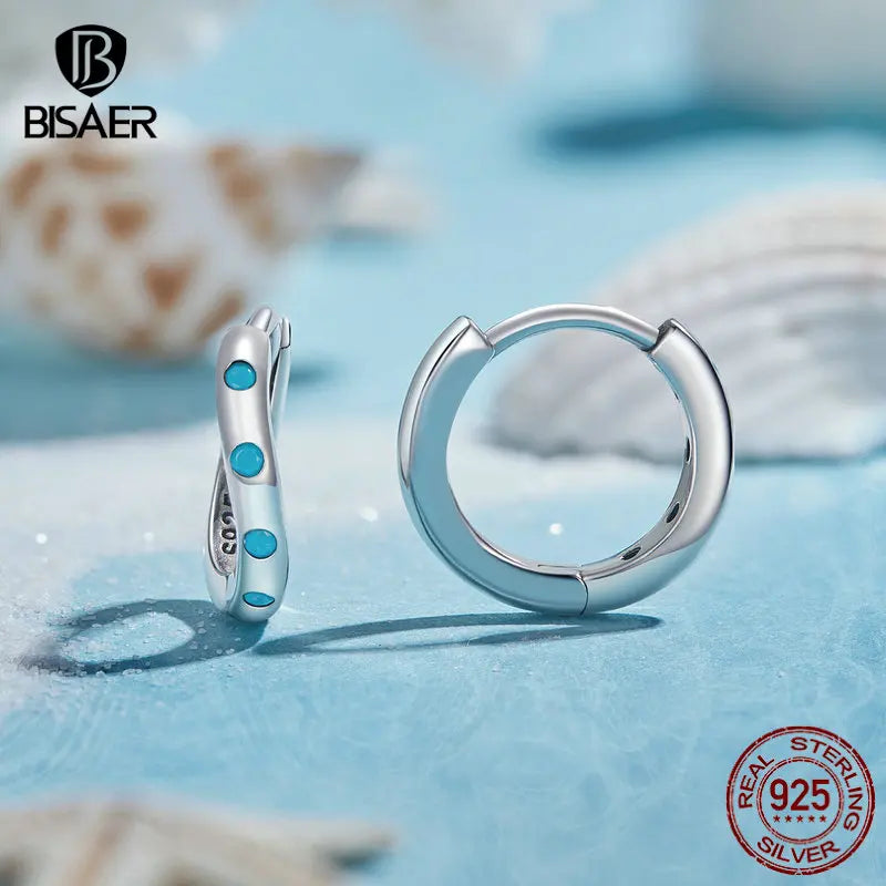 BISAER 925 Sterling Silver Blue Waves Hoop Earrings Turquoise Stud Earring For Women Party Original Fine Jewelry Holiday Gifts