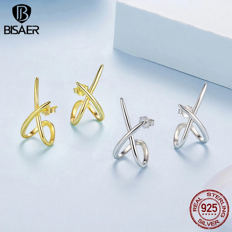 BISAER 925 Sterling Silver Simple X Stud Earrings Minimalist Geometry Lines Stud Ear Plated Gold for OL Women Party Fine Jewelry