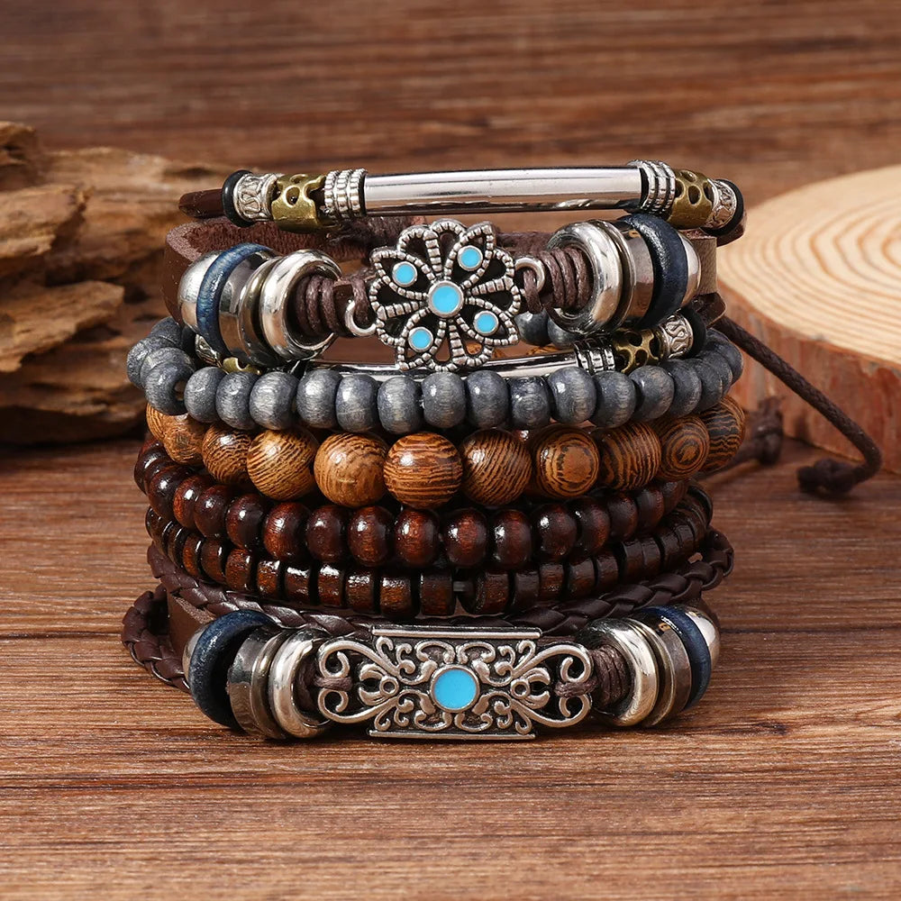 Bohemia Ethnic Leather Bracelets For Men Vintage Flower Wooden Bead Multi Layer Men’s Bracelets Gifts For Friend