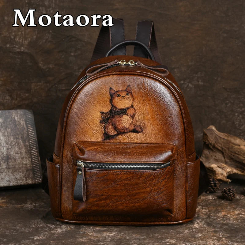 MOTAORA 2025 New Retro Backpacks For Women Bags Designer Hand-painted Genuine Leather Luxury Girls School Backpack Woman Bagpack