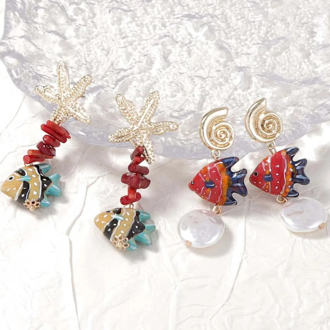 2025 New Alloy Sea Star Conch Colored Fish Long Earrings