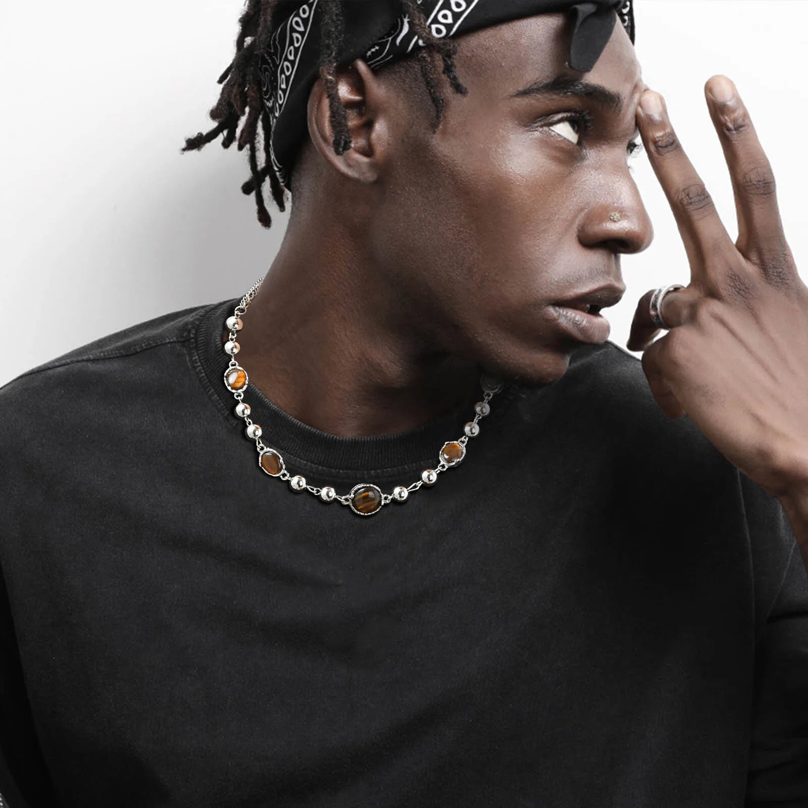 Vnox Aesthetic Tiger Eye Stone Beaded Chain Necklaces, Personality Men Women Chokers,Fashion Clavicle Chain