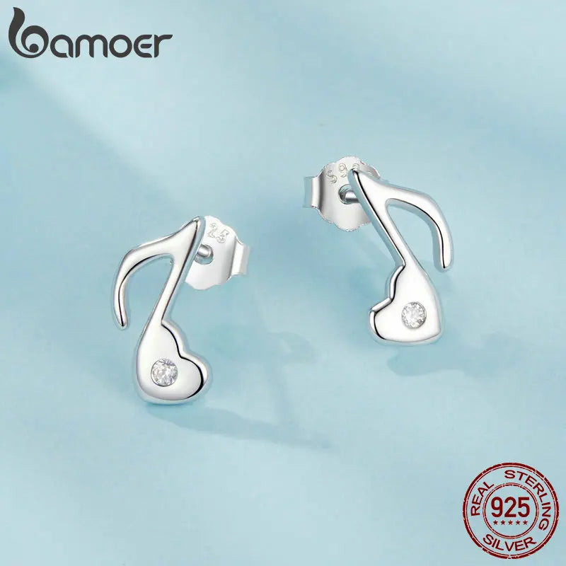 BAMOER Solid 925 Sterling Silver Music Note Earrings Heart Shape Minimalist Small Studs Daily for Women Fashion Jewelry SCE1805