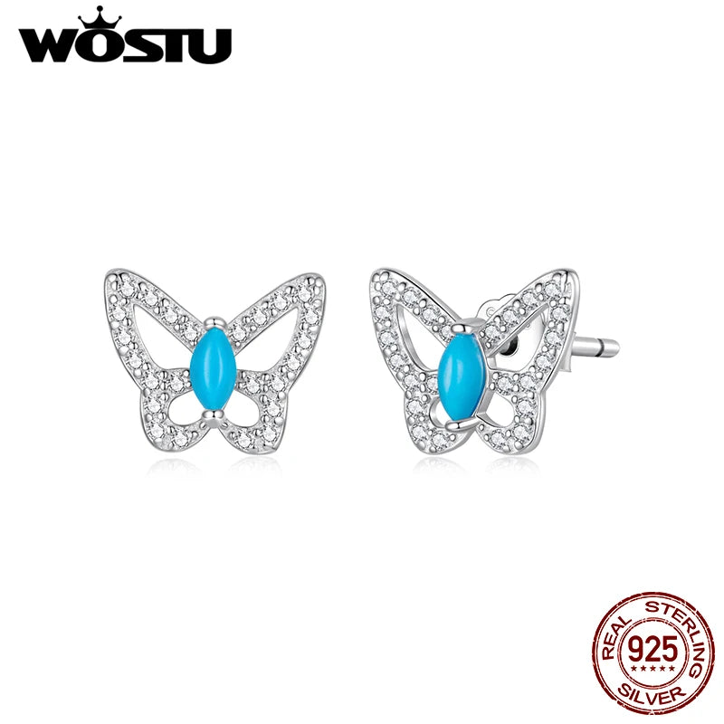WOSTU 925 Sterling Silver Turquoise and CZ Butterfly Stud Earrings For Women, Nature Theme Insects Dangle Earrings for Women