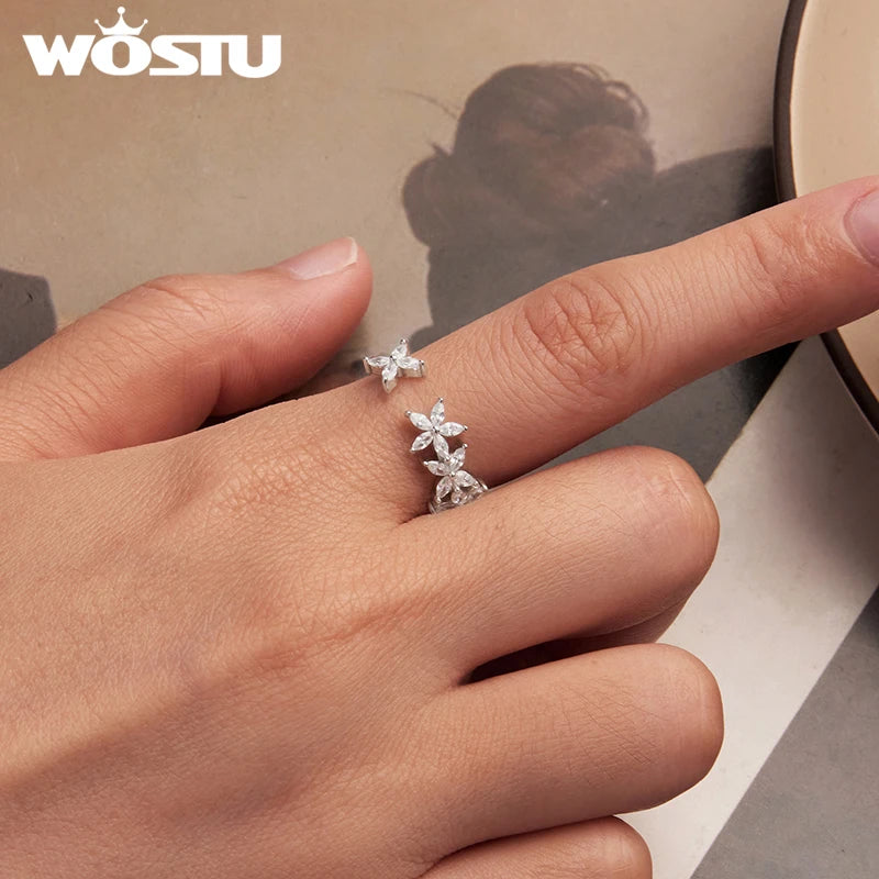 WOSTU 925 Sterling Silver Clear Zircon Mini Flower Opening Ring For Women , Lovely Cubic zirconia Engagement Rings Fine Jewelry