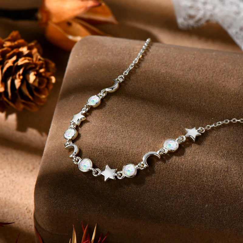OXTAO Unique Design White Artificial Opal Bracelet Women's Fashion Star&Moon Real 925 Silver Fine Birthday Party Jewelry Gifts