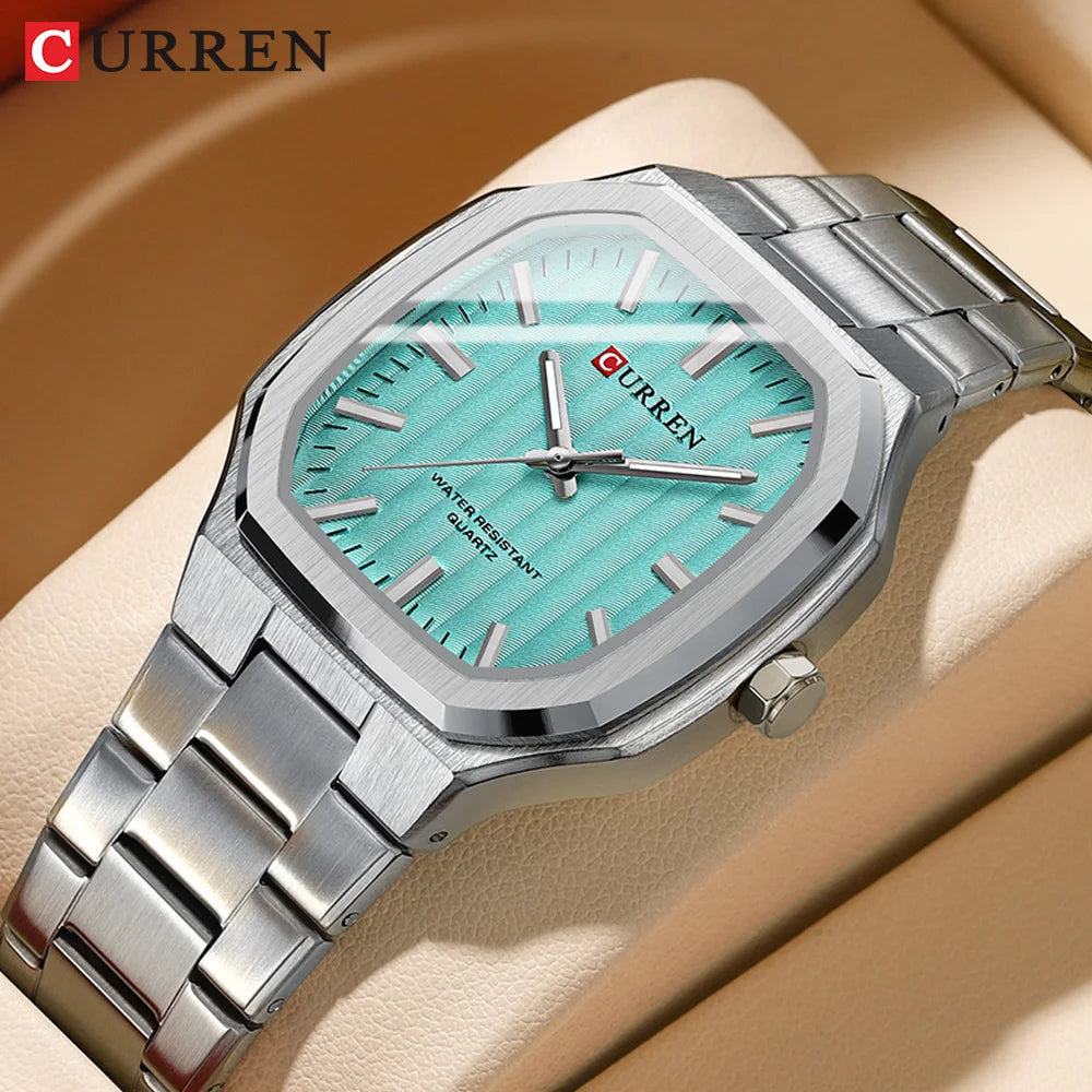 CURREN Luxury Business Square Quartz Watches Classic Stripe Design Dial with Stainless Steel Band Wristwatch for Men