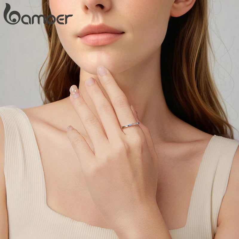 BAMOER 925 Sterling Silver Dainty Rainbow Single Band Colorful Zirconia Band Finger Ring for Women Teens Unique Beach Party Gift