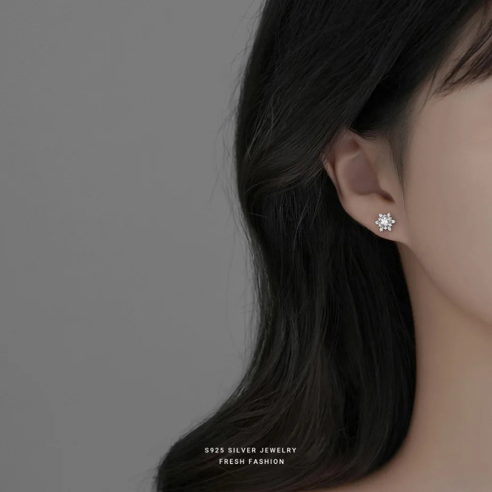 French Light Luxury Pavé Zircon Snowflake Earrings for Women Student 925 Sterling Silver Christmas Party Jewelry