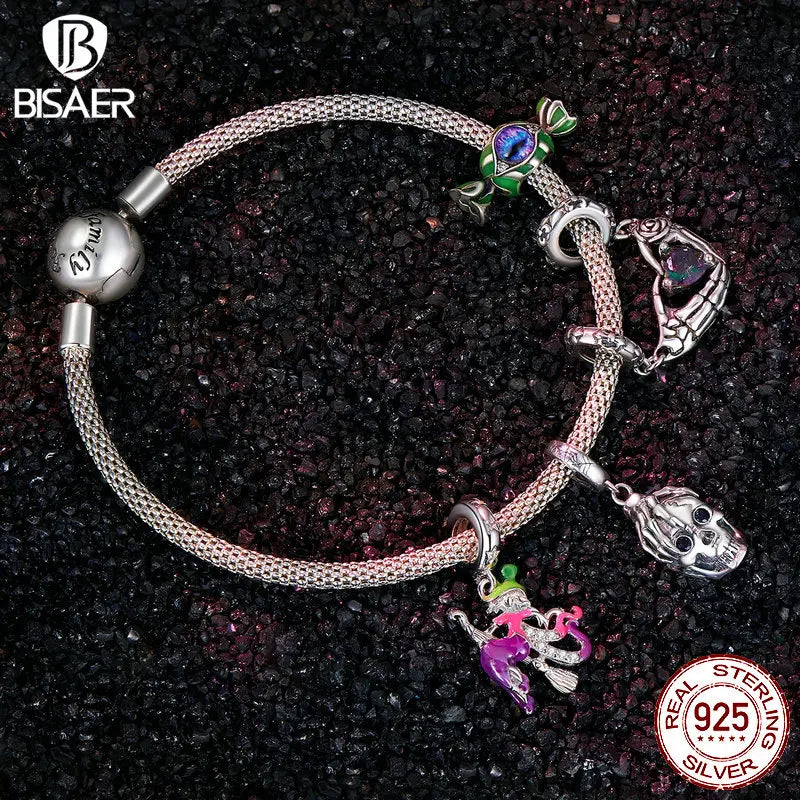 BISAER 100% 925 Argent Sterling Squelette Double Créole Coeur Charm Perle Bonbon Sorcière Pendentif Fit Femme Halloween Fête DIY Bracelet