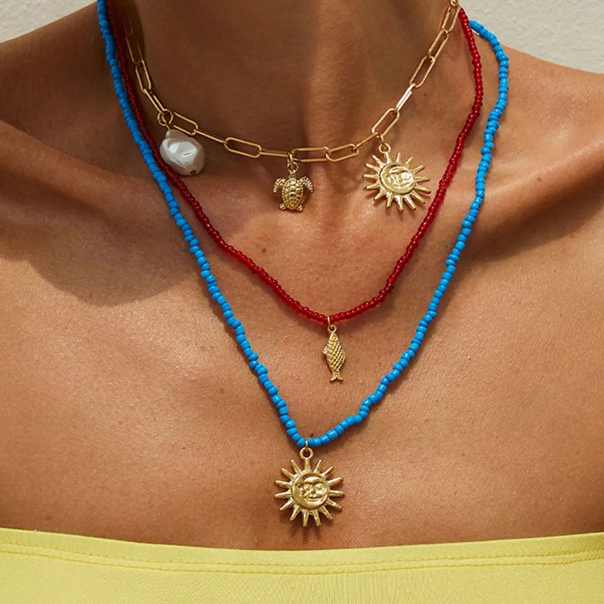 Beach Vacation Style Fish Tail Fan Shell Small Flower Necklace