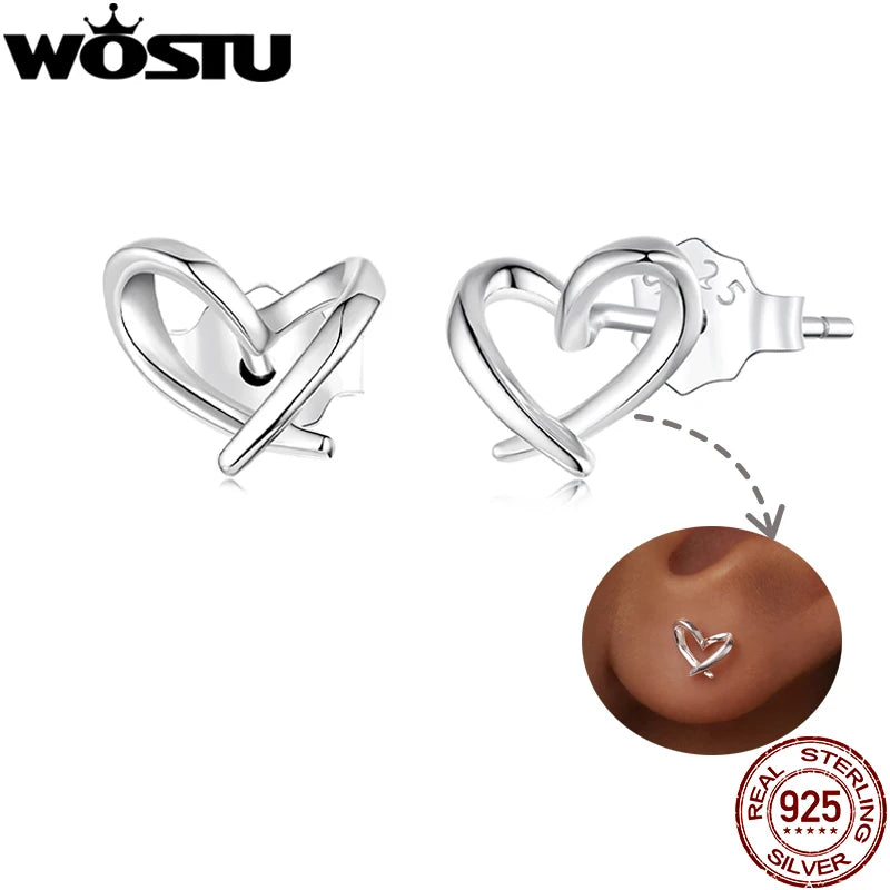 WOSTU 925 Sterling Silver Mini Heart Stud Earrings For Women , Simple Wedding Hollow Earrings for Women Minimalism Jewelry Gift