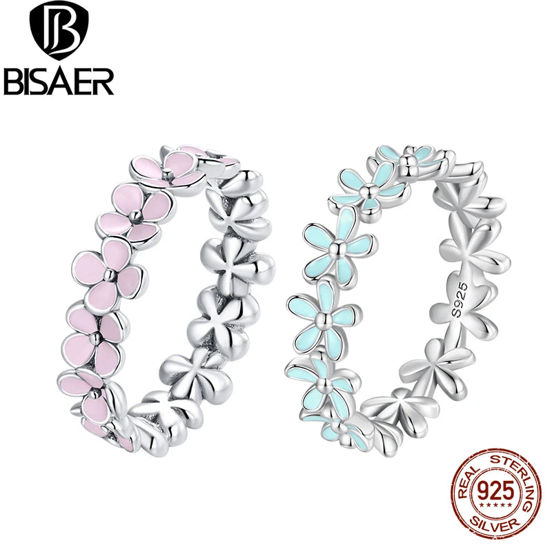 Bague BISAER en argent sterling 925 avec couronne bleue et rose, taille 5 à 9, bande de fleurs en émail pour amoureux, cadeau d'anniversaire, bijoux fins