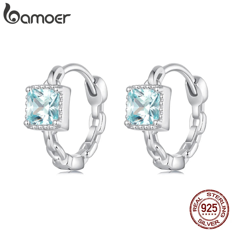 BAMOER 925 Sterling Silber Eingelegte Blaue CZ Geometrische Quadratische Ohrstecker Leichter Luxus Reifer Glamour Frauen Schmuck Zubehör