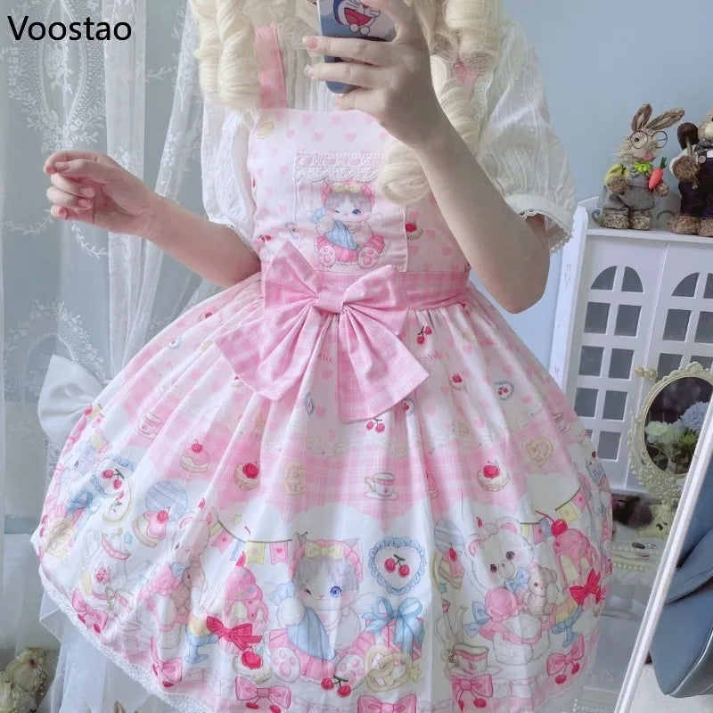Japanese Sweet Lolita Jsk Dress Women Kawaii Cartoon Cat Print Bow Lace Ruffles Strap Dress Girls Cute Tea Party Mini Dresses