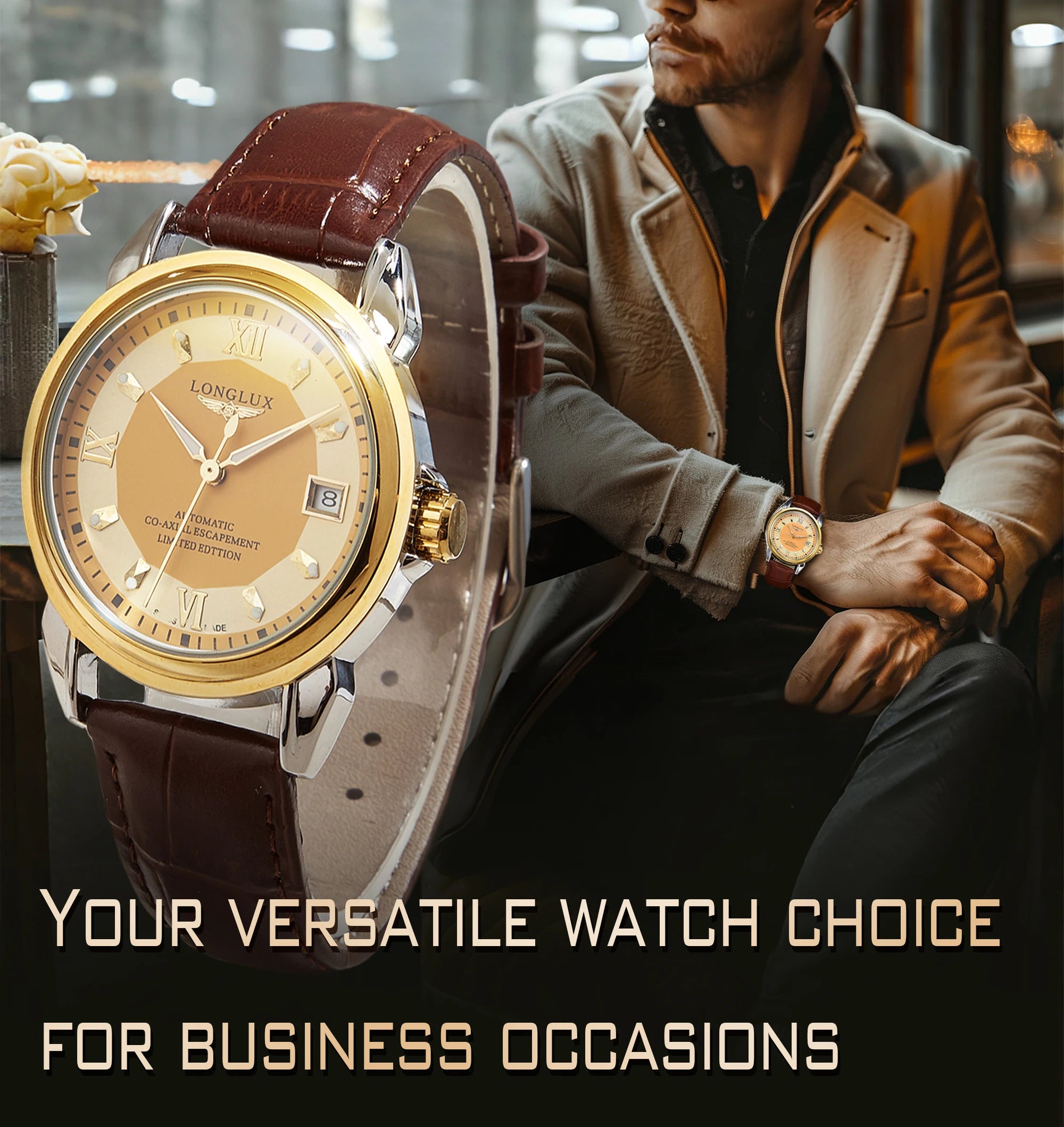 LONGLUX automatic man watch business leisure dating mechanical wristwatches day date waterproof leather mens watch men gift