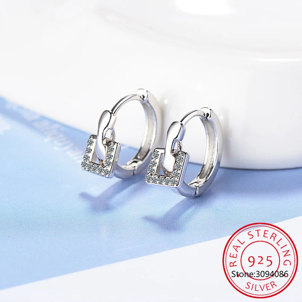 Real 925 Sterling Silver Zircon Round Square Hoop Earrings For Fashion Women Hiphop Fine Jewelry Minimalist Accessories