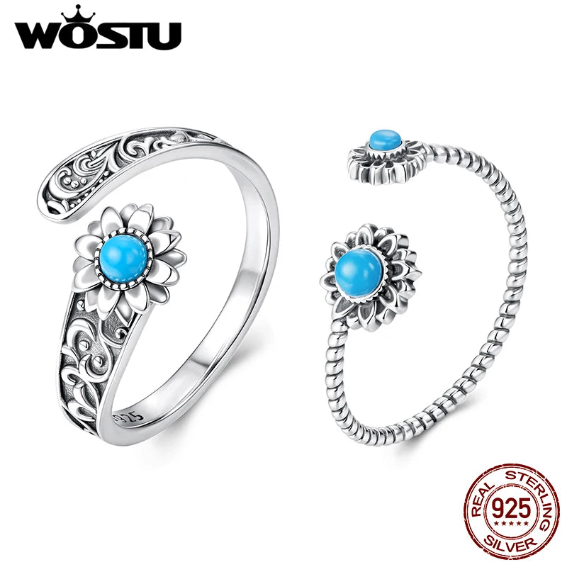 WOSTU 925 Sterling Silver Vintage Turquoise Sunflower Ring Stacking Simple Flower Opening Rings Jewelry Gift For mom Love Family