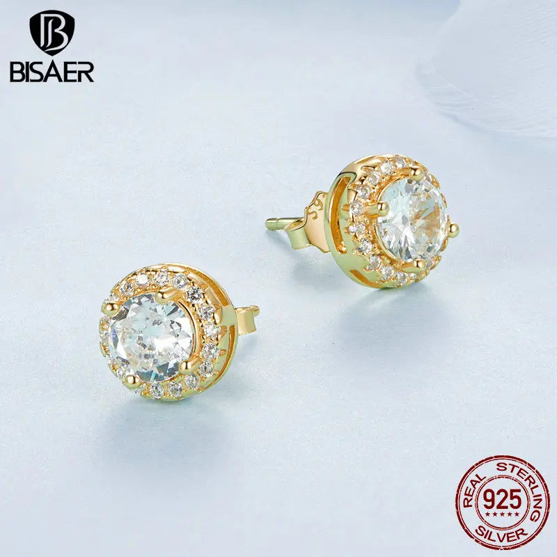 BISAER 925 Sterling Silver Sparkling Zircon Stud Earrings Round Hypoallergenic Stud Ear Plated 18K Gold for Women Fine Jewelry