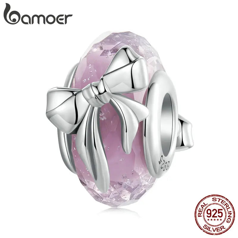 BAMOER Charm-Perle mit Schleife aus massivem 925er Sterlingsilber für originale Armbänder, DIY-Bamoer-Charm zur Schmuckherstellung, BSC1057